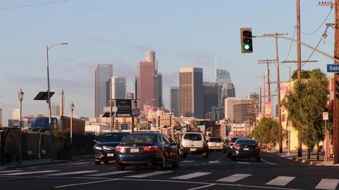 Los Angeles, California:Traffic on N Broadway with beautiful view of Skyscrapers Stock Footage