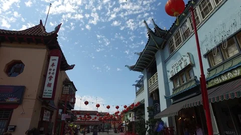 Los Angeles Chinatown Central Plaza Pan Down Stock Footage