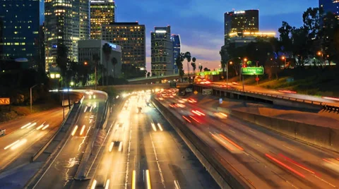 Los Angeles city, night freeway 110 traffic. Timelapse. Stock Footage