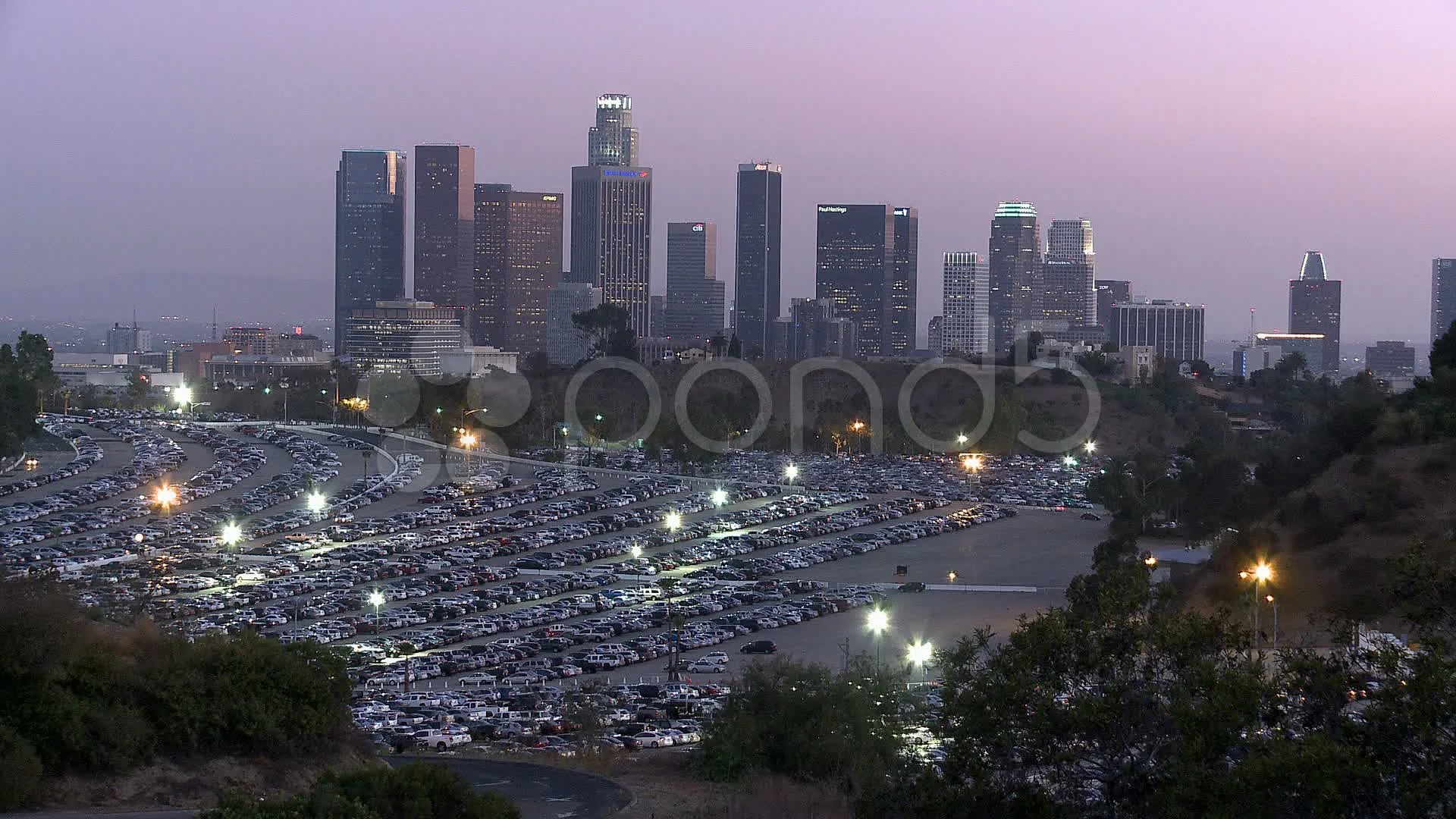 Los Angeles City Skyline With Dodger Stadium Stock Photo