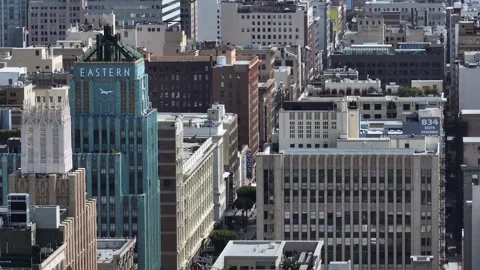 Los Angeles Close Up Down Broadway Theaters Drone Aerial View Stock-Footage 335339764