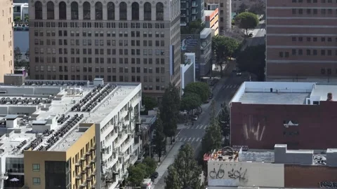 Los Angeles Close Up Down Olive Street Drone Aerial View 스톡 동영상 335339776
