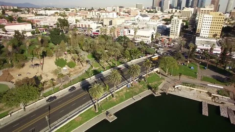Los Angeles Downtown Cityscape Aerial 04 Buildings and Park 4K Stock Footage
