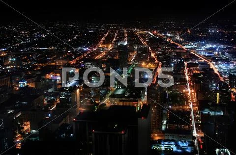 Los Angeles Downtown Night Aerial View from top of skyscraper facing south Stock Photos