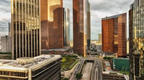 Los Angeles downtown skyline. Los angels city, downtown top aerial view with Stock Photos