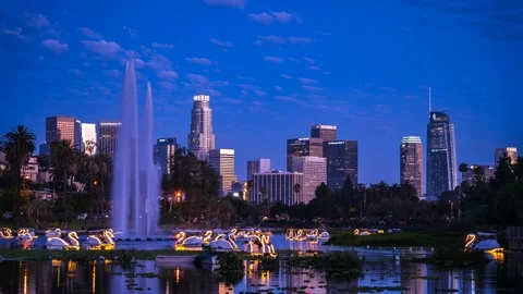 Los Angeles Echo Park sunset blue hour boats lake 2 sec int 06-21-22 Stock Footage 198767918