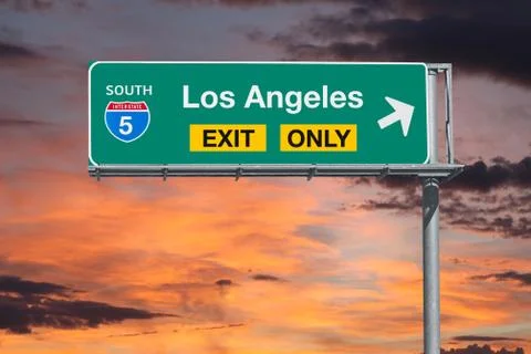 Los Angeles Exit Only Freeway Sign with Sunrise Sky Stock Photos