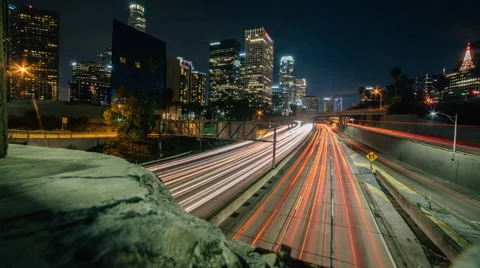 Los Angeles Freeway Night Time Lapse Downtown Stock Footage 45285735