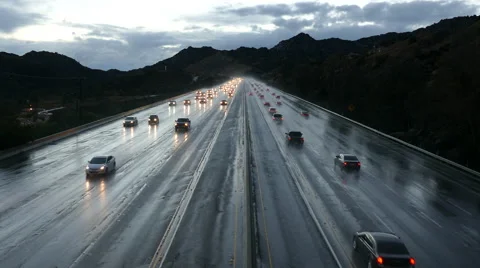 Los Angeles Freeway Winter Rain Traffic Stock Footage