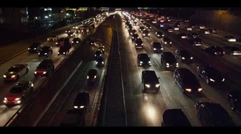 Los Angeles night 110 Freeway Traffic Jam Marriott Hotel Searchlights Video stock 10103301