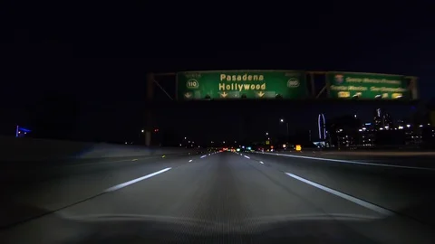 Los Angeles Night Downtown Freeway Driving Towards Hollywood Stock Footage