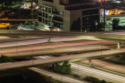 Los Angeles Night Freeway Interchange Traffic Stock Photos
