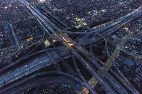Los Angeles Night Freeway Interchange Aerial View Stock Photos