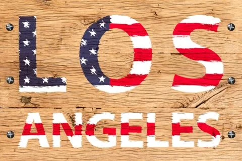 Los angeles painted with pattern of flag united states old oak wood fastened Stock Illustration