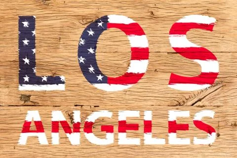 Los angeles painted with pattern of flag united states old oak wood Stock Photos