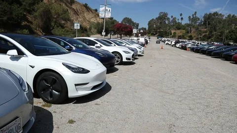 LOS ANGELES - SEPT 14: A row of Tesla Model 3s parked at Charge Up LA!'s Nati Stock Footage 119885053