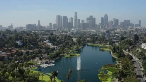 Los Angeles Skyline Dolly Back Wide Reveal Over Echo Park Stock Footage 346662190