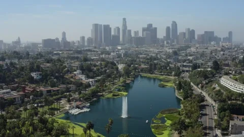 Los Angeles Skyline Jib Down Reveal Over Echo Park Stock Footage 346662285