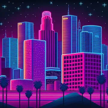 Los angeles skyline with neon illumination. Stock Illustration