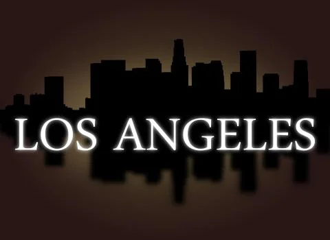Los angeles skyline reflected with dramatic sky and text illustration Illustrazione stock