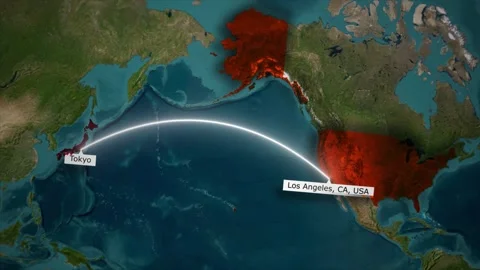 Los Angeles to Tokyo Flight Path Animation over Pacific Ocean Map Stock Footage 321756937