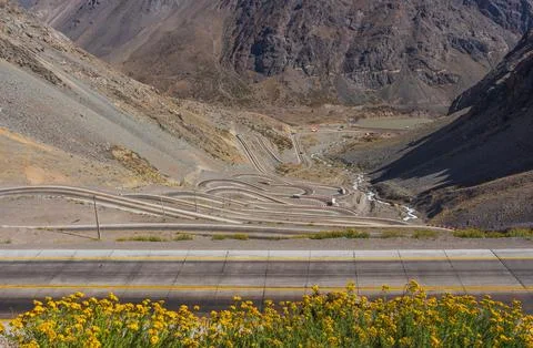 Los Caracoles, a road that passes through the Andes mountain in Chile. Stock Photos