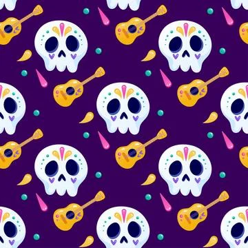 Los muertos2Day of the Dead seamless pattern, skull, guitar, on a dark purp.. Stock Illustration