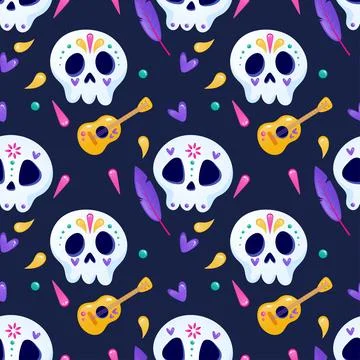 Los muertos2Day of the Dead seamless pattern, skull, guitar, on a dark purp.. Stock Illustration