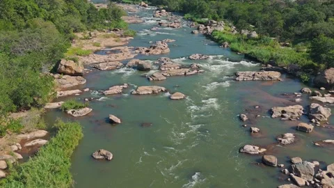 Lose aerial view of Crocodile River shimmering under bright midday sunlight Stock Footage 340263672