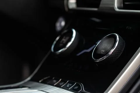 ?lose up view of digital car clock inside modern black car interior. Car dash 스톡 사진