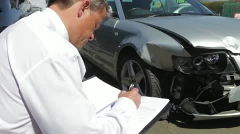 Loss Adjuster Inspecting Car Involved In Accident Stock Footage