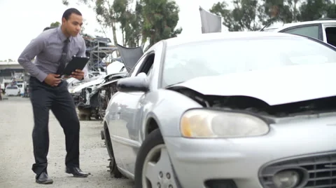 Loss Adjuster Inspecting Car Wreck Using Digital Tablet Stock Footage