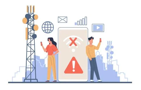 Loss of wireless connection, no Wi-Fi signal. Huge smartphone, antenna internet Illustrazione stock