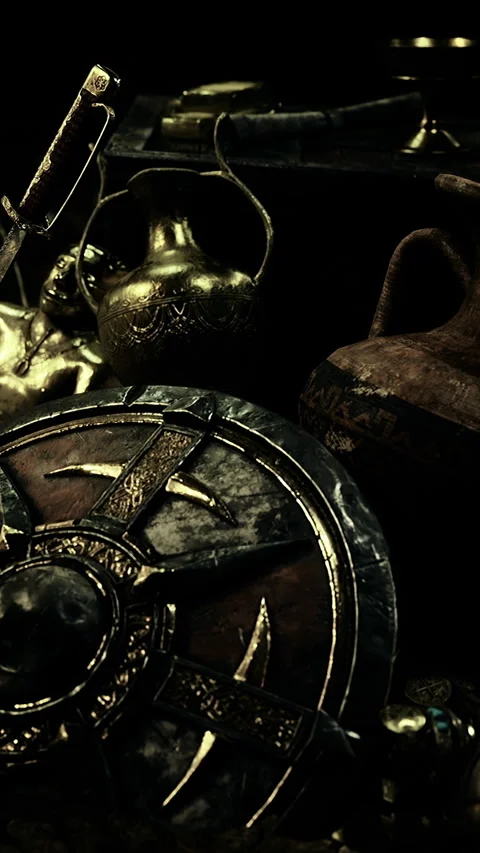 Lost artifacts found in an ancient treasure trove during an excavation Video stock 329939833