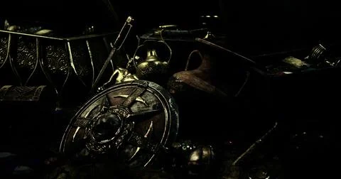 Lost artifacts found in an ancient treasure trove during an excavation Illustrazione stock