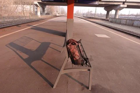 Lost backpack with no one around Stock Photos