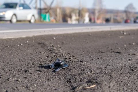 Lost bunch of keys lying on the side of the road near the asphalt pavement Stock Photos