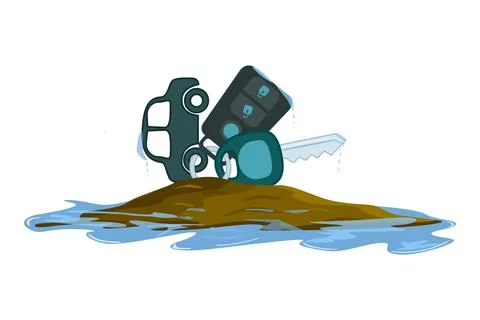 Lost car keys in water puddle. Vehicle key fob dropped in wet mud. Stock Illustration
