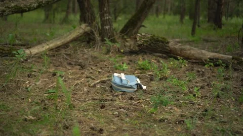 Lost Children's Backpack Lying on the Forest Floor Evidence Stock Footage 343894174