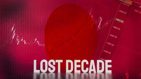 The Lost decade text on Japan flag and business background 3d rendering Stock Photos