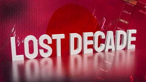 The Lost decade text on Japan flag and business background 3d rendering 库存照片