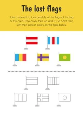 The lost flag Educational Sheet. Primary module for Memory. 5-6 years old. Ed Illustrazione stock