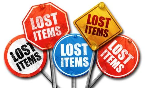 Lost items, 3D rendering, street signs Stock Illustration
