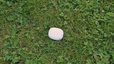 Lost, lose headphone case outdoors. A small electronic device is placed on grass Stock Footage 344526384