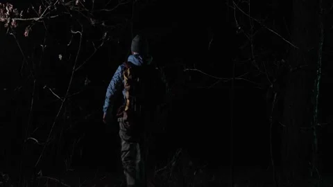 A lost man with a backpack walks through a dark forest at night, holding a Stock Footage 301241137