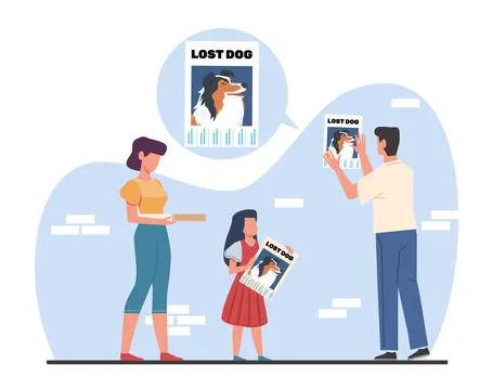 Lost pet. Dad and mom with daughter put up notice on wall about missing dog Stock Illustration