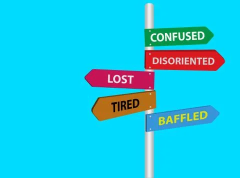 Lost, tired, confused, disoriented, baffled directional road sign. Stress signs Stock Illustration