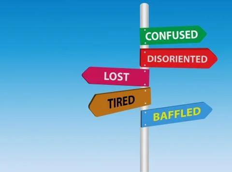 Lost, tired, confused, disoriented, baffled directional road sign. Stress signs Stock Illustration
