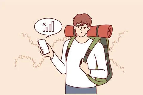 Lost traveler with backpack on back is looking for mobile network to find ... Stock Photos