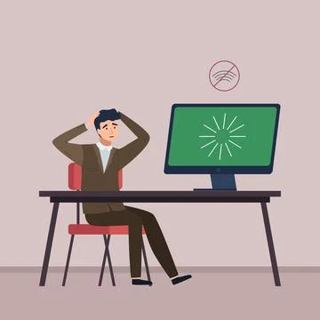 Lost wireless connection or disconnected cable, upset man sits in office near Illustrazione stock